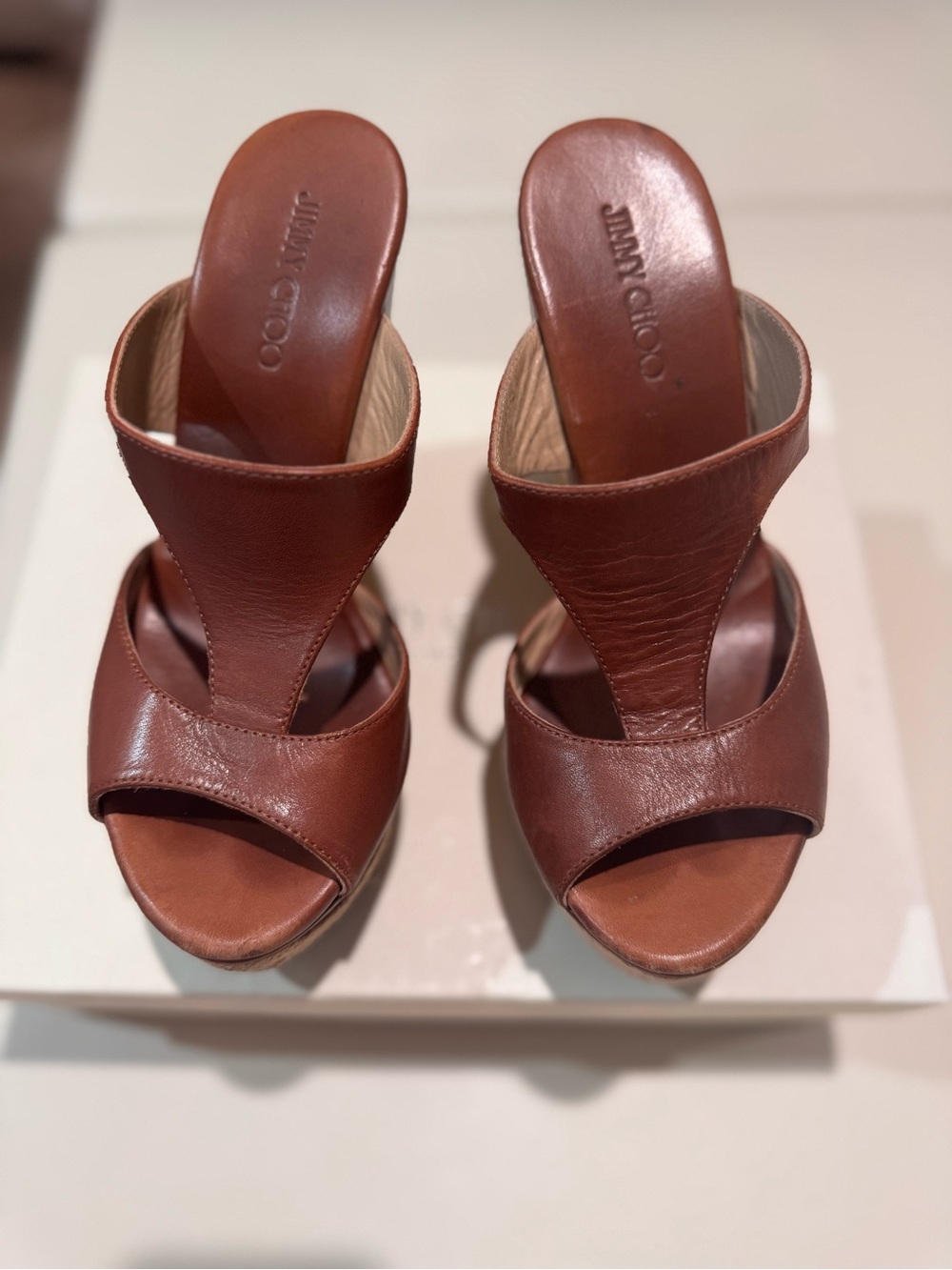 Jimmy Choo “Pacane” Brown Leather T-Strap Open-Toe Espadrille Wedge Heels
